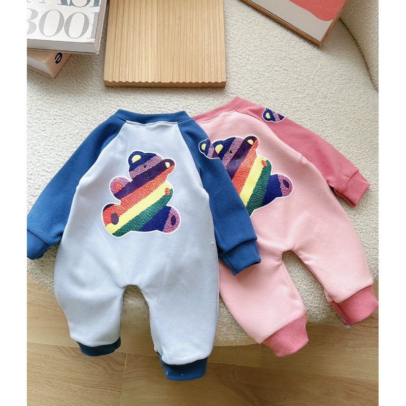 Bộ body cho bé sơ sinh, set body gấu sắc mauf dài tay kéo khóa chất nỉ 2 da cho bé trai và bé gái