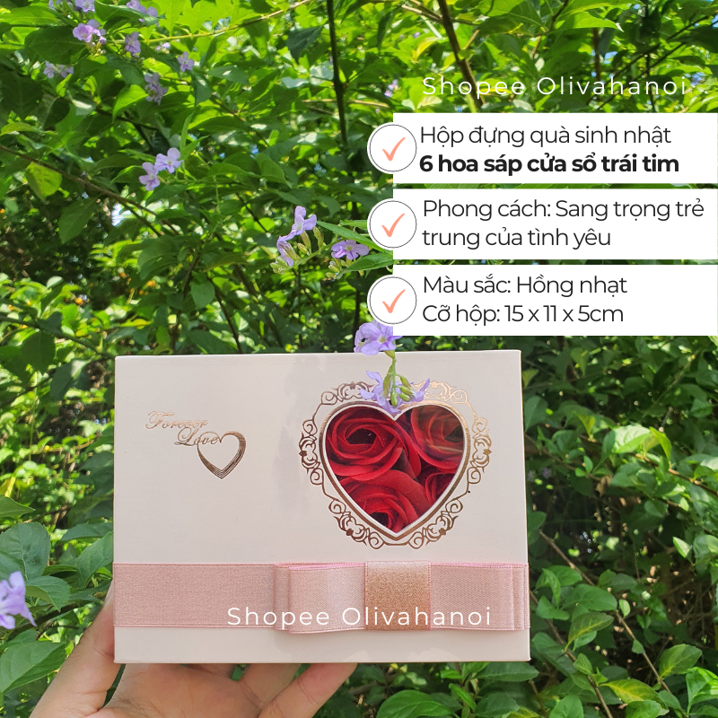 Quà tặng sinh nhật bạn gái người yêu hộp quà noel có 6 hoa sáp cửa trái tim hồng kèm túi mix vòng tay bạc or nước hoa nữ