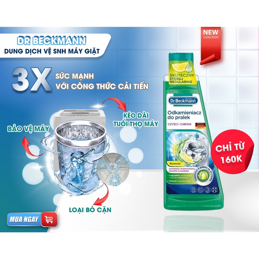 Dung dịch vệ sinh lồng giặt, Tẩy rửa cặn máy giặt Dr.Beckmann 250ml Tinh chất Giấm Chanh nhập khẩu Đức