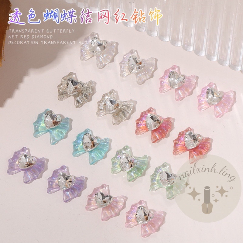 Charm Nơ Nhựa Màu Thạch Kim Tuyến Trang Trí Móng Hàn C9, Phụ Kiện Hạt Ngọc Trai / Nơ / Trái Tim Nhiều Màu Trang Trí Móng