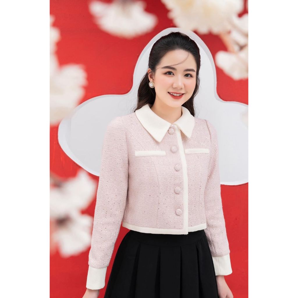Áo Khoác Dạ Tweed Ánh Kim Sa Hồng Phối Be Thời Trang Nữ Rosara K03