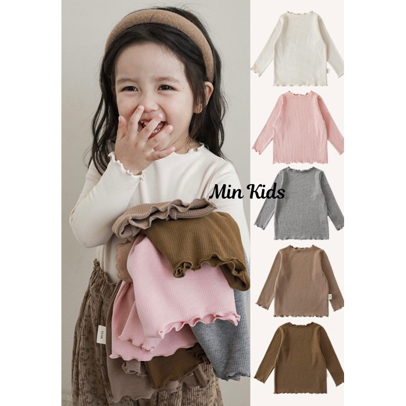 Áo dài tay thun gân màu trơn cổ viền bèo cho bé gái