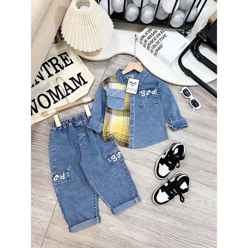 Sét bộ quần áo jean bò phối kẻ cho bé trai phong cách