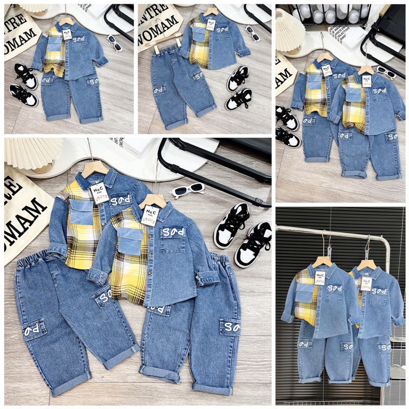 Sét bộ quần áo jean bò phối kẻ cho bé trai phong cách