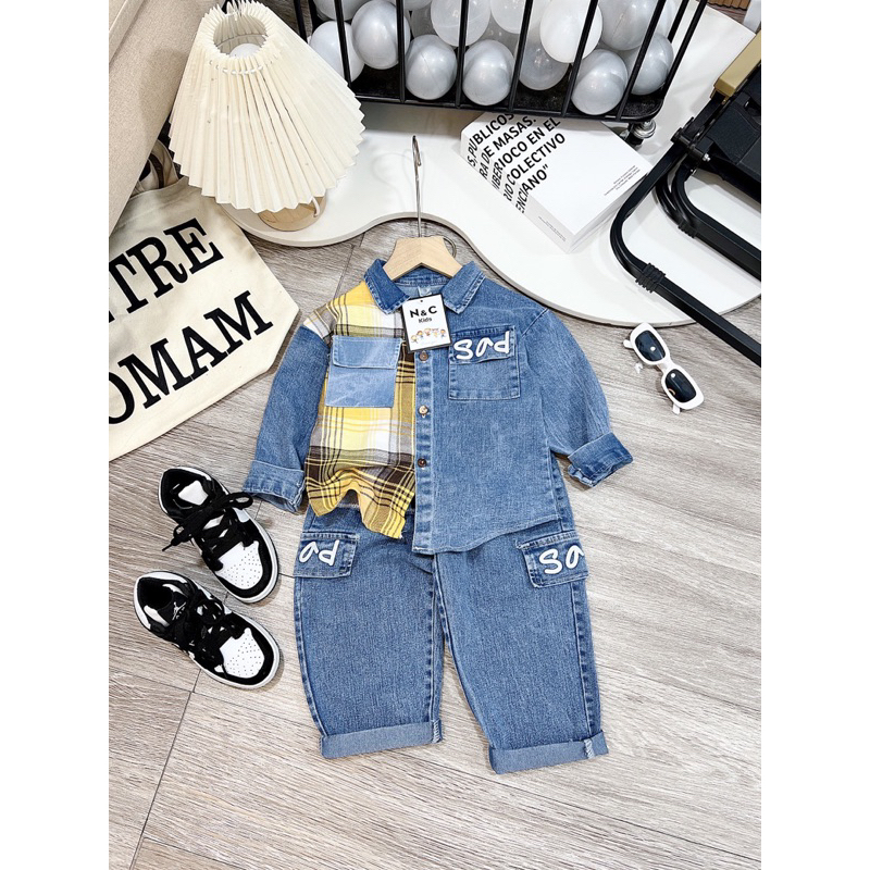 Sét bộ quần áo jean bò phối kẻ cho bé trai phong cách