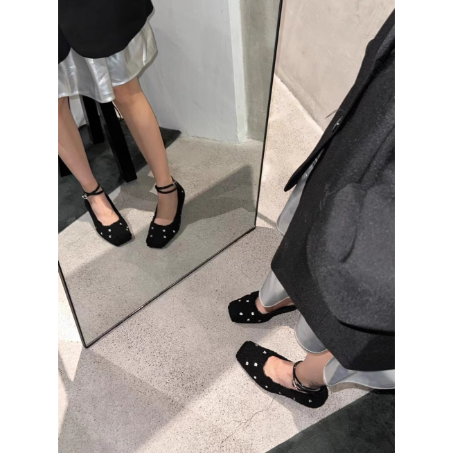 Giày búp bê gót vuông mũi bầu phủ lông mềm mại phong cách tiểu thư thanh lịch cho nữ 2023