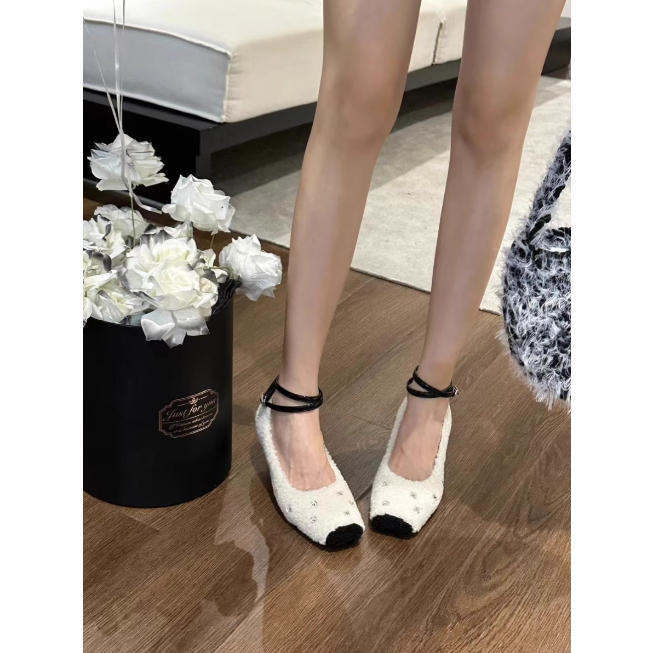 Giày búp bê gót vuông mũi bầu phủ lông mềm mại phong cách tiểu thư thanh lịch cho nữ 2023