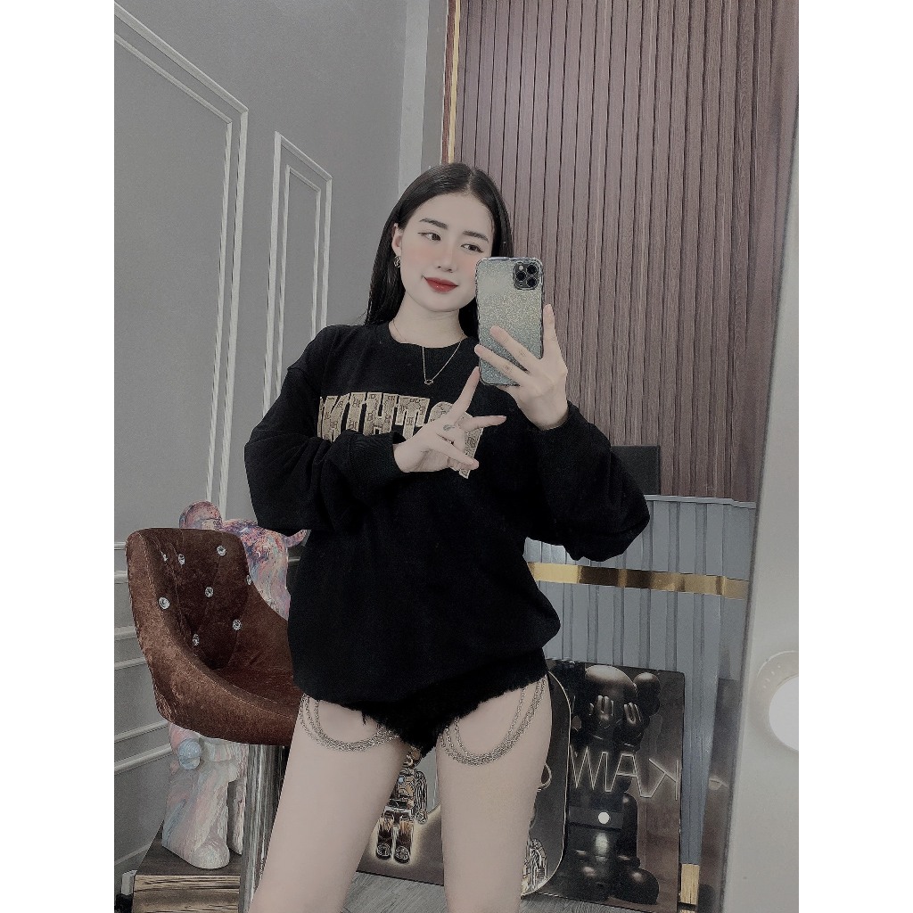 Áo thun nỉ 2 da,áo thu đông sweater dài tay dày dặn thêu chữ có 2 màu dễ phối đồ trắng và đen
