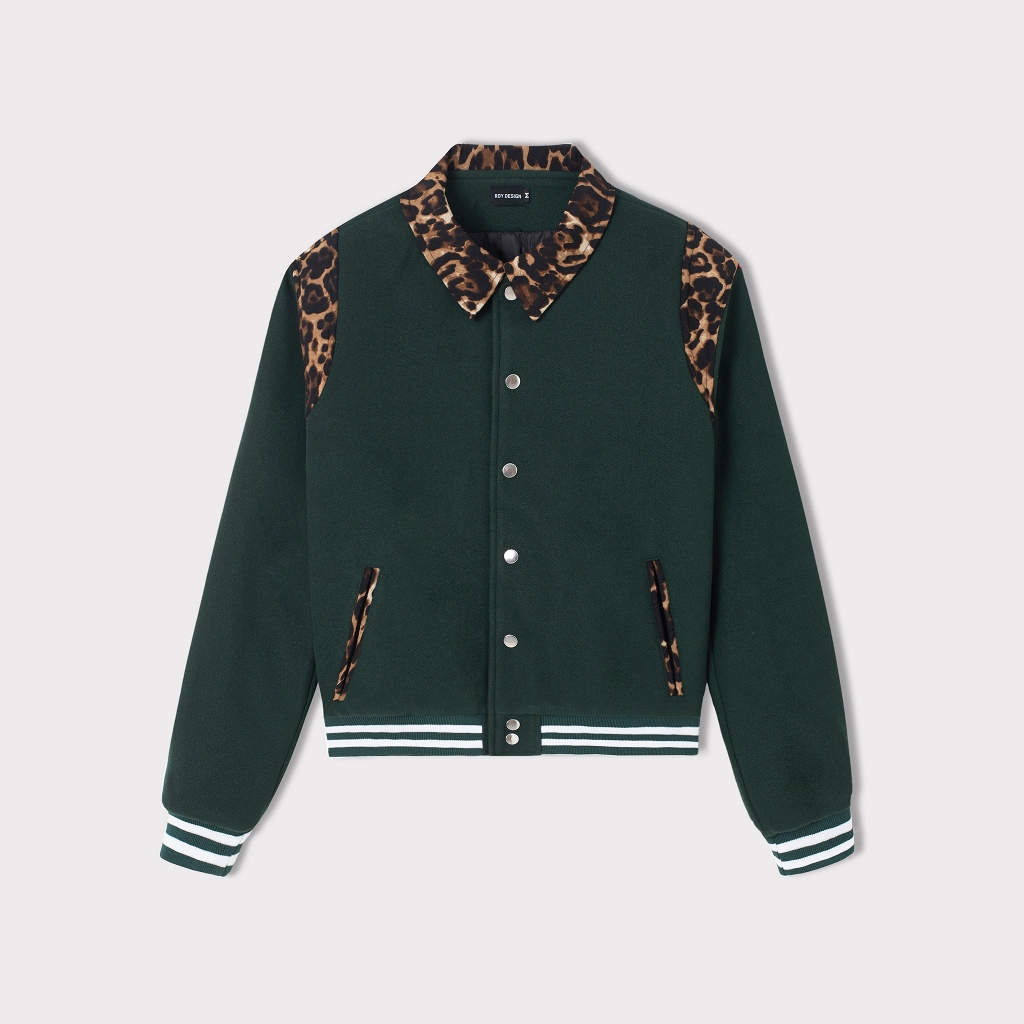 Áo Khoác Varsity Xanh Phối da Báo Nam Nữ/ Fom crop - Roy design