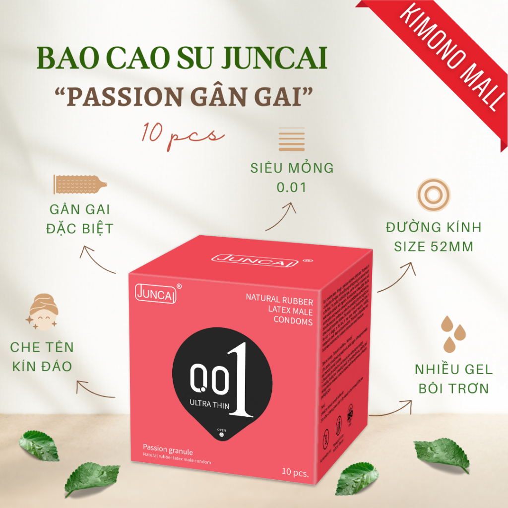 Bao cao su gân gai 0.01 Juncai cao cấp, bcs kéo dài thời gian, gân gai tăng khoái cảm - hộp 10 bcs durex_olo_store