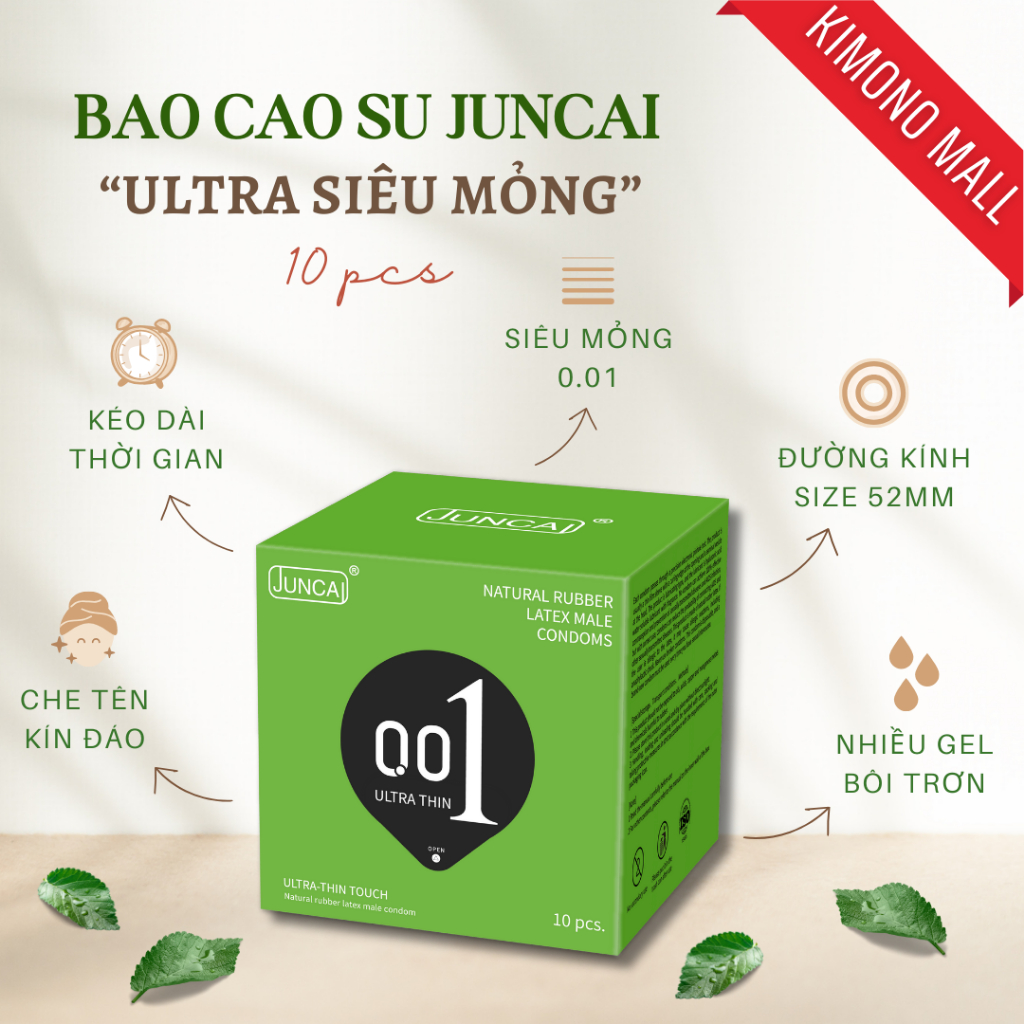 Bao cao su Juncai siêu mỏng 0.01 mm cao cấp, bcs kéo dài thời gian, gân gai tăng khoái cảm - hộp 10 bcs durex_olo_store