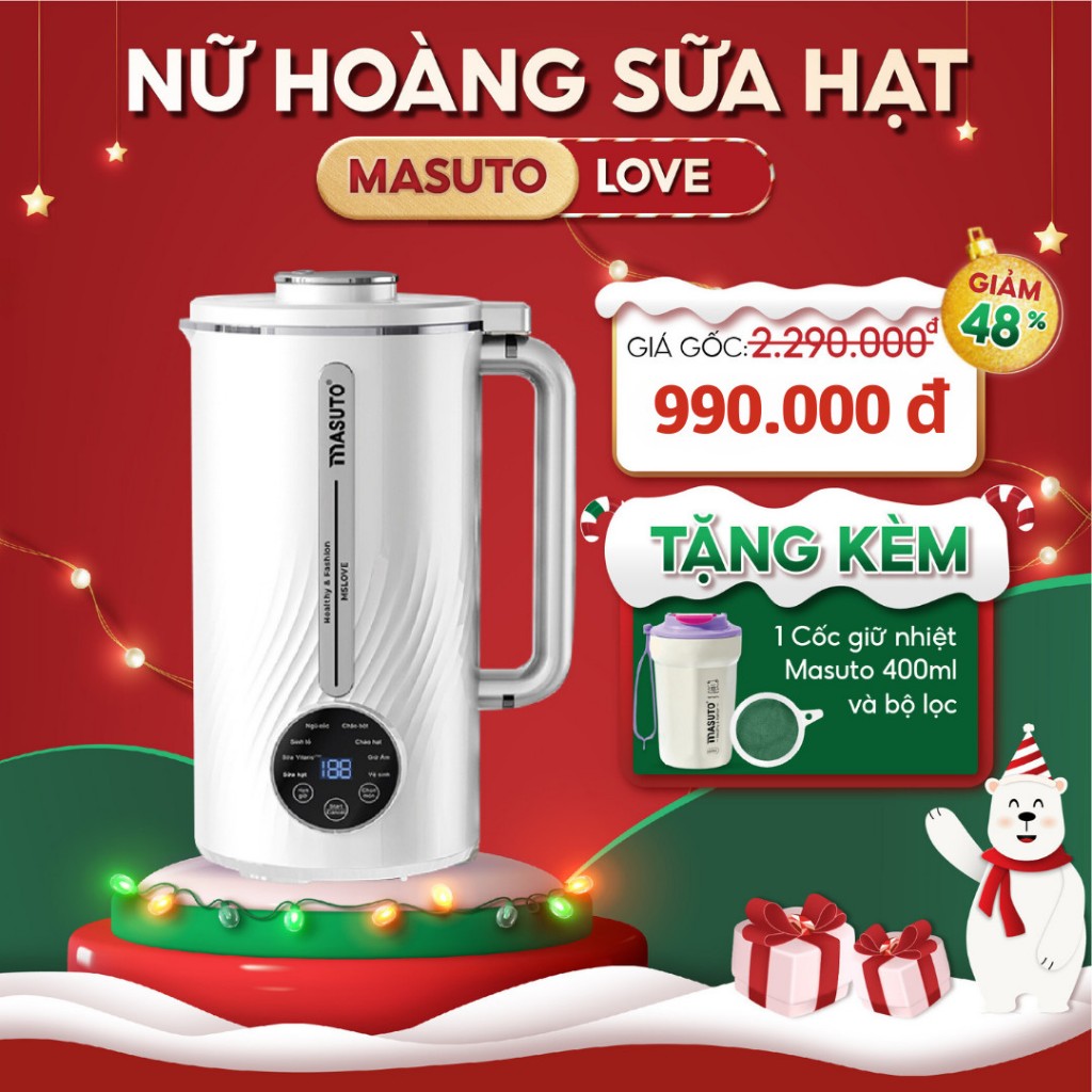 Máy làm sữa hạt Masuto 1L xay các loại hạt siêu nhuyễn mịn chống trào, 8 chế độ nấu, dễ vệ sinh, bảo hành 12 tháng