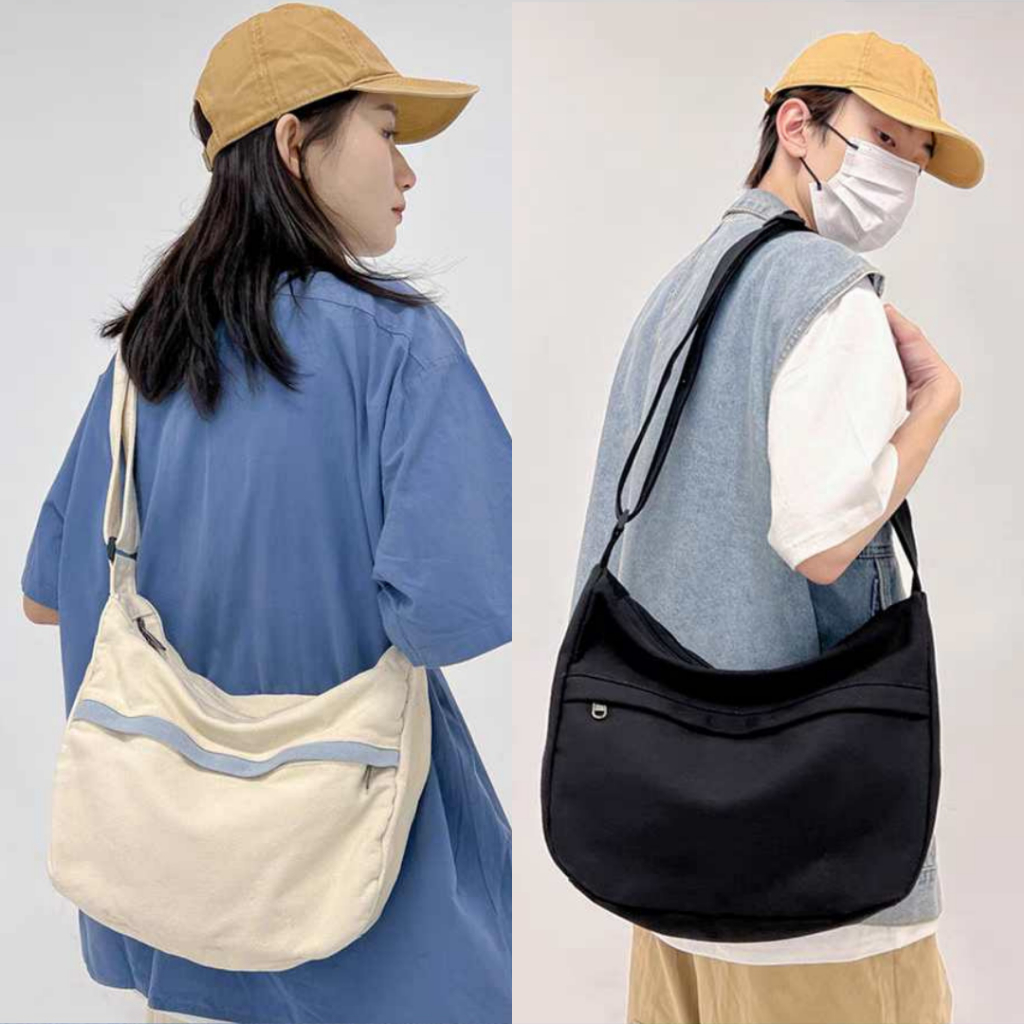 Túi đeo chéo nam nữ vải canvas to đựng vừa a4 có khóa kéo màu trắng sọc xanh đen nâu phong cách basic đi học đi chơi