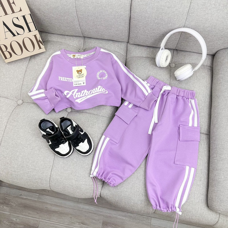 Set bộ áo cotton dài mix quần túi hộp cho bé gái