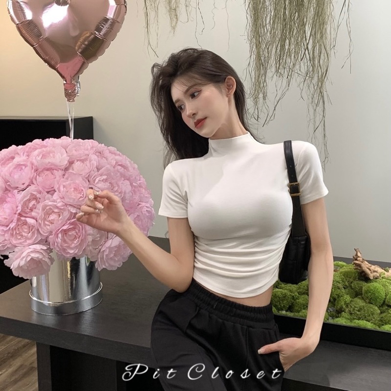 Áo thun crotop cổ cao vạt bầu nhún sườn