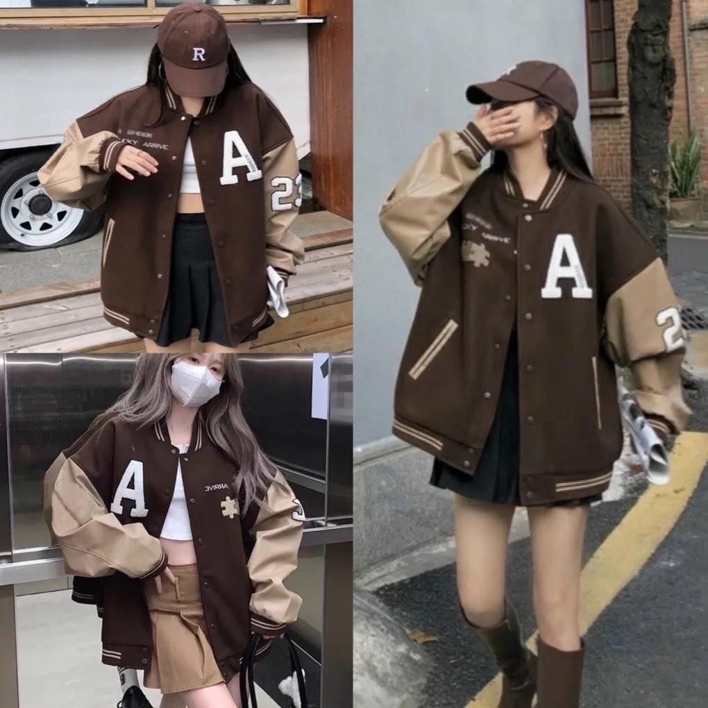 Áo khoác bomber nữ phối  tay da chữ A thời trang unisex
