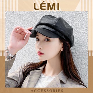 Mũ nồi da PU lưỡi trai cho nữ Mũ beret nồi Hải Quân bát giác phong cách Retro mùa thu đông Lémi