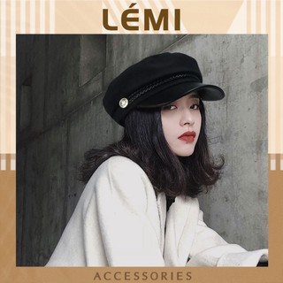  Mũ nồi nữ lưỡi trai phối chất liệu nỉ da PU Mũ nồi beret hoạ tiết đồng xu tết đai da phong cách Retro Lémi 