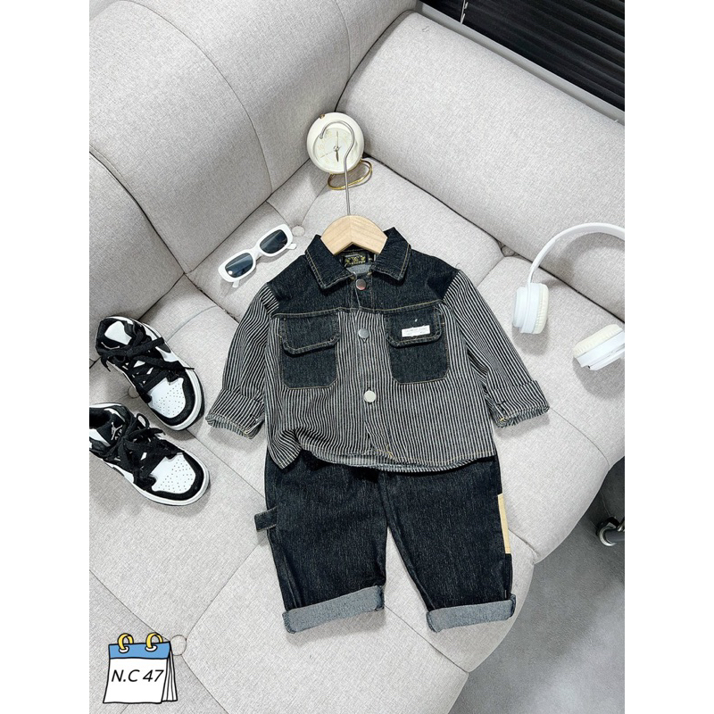 Sét bộ áo sơ mi jean bò phối quần jean phong cách cho bé trai