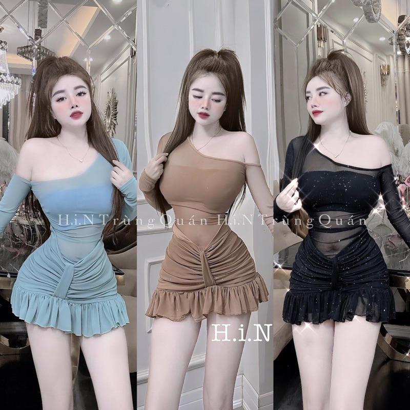 Đầm lệch vai phối lưới rúm eo hàng chính chủ cam kết loại 1