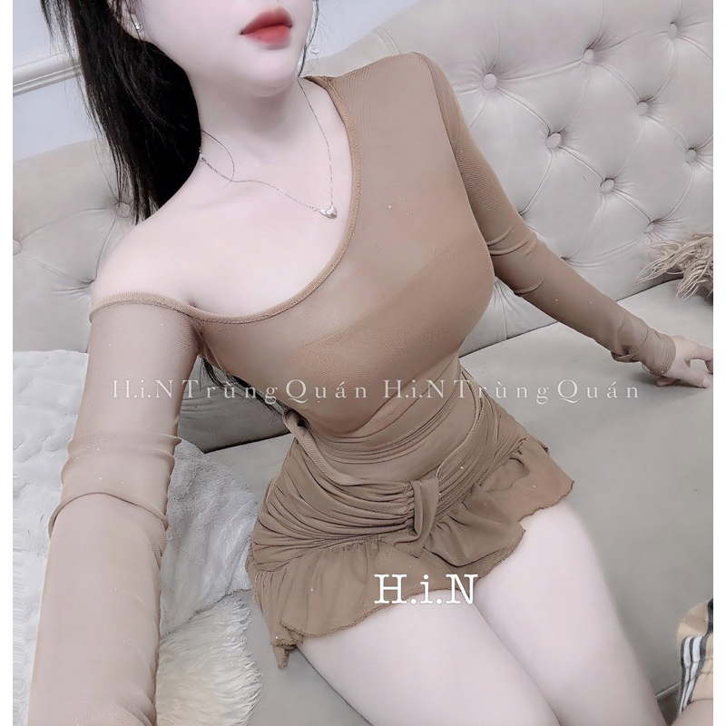 Đầm lệch vai phối lưới rúm eo hàng chính chủ cam kết loại 1