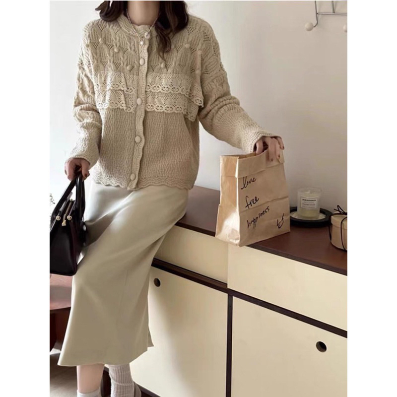 Áo khoác len Cardigan cúc bọc Tiểu thư phối viền bèo tầng, Lipeo.store