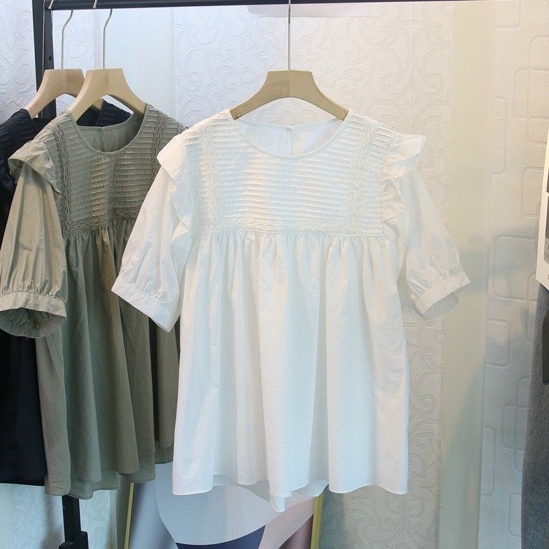 Áo bầu xinh, áo sơ mi bầu công sở bèo vai xếp li mềm thanh lịch tay cộc, form babydoll trẻ trung