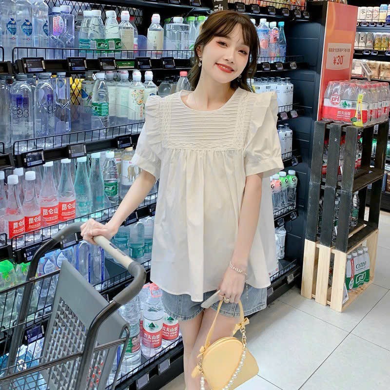 Áo bầu xinh, áo sơ mi bầu công sở bèo vai xếp li mềm thanh lịch tay cộc, form babydoll trẻ trung