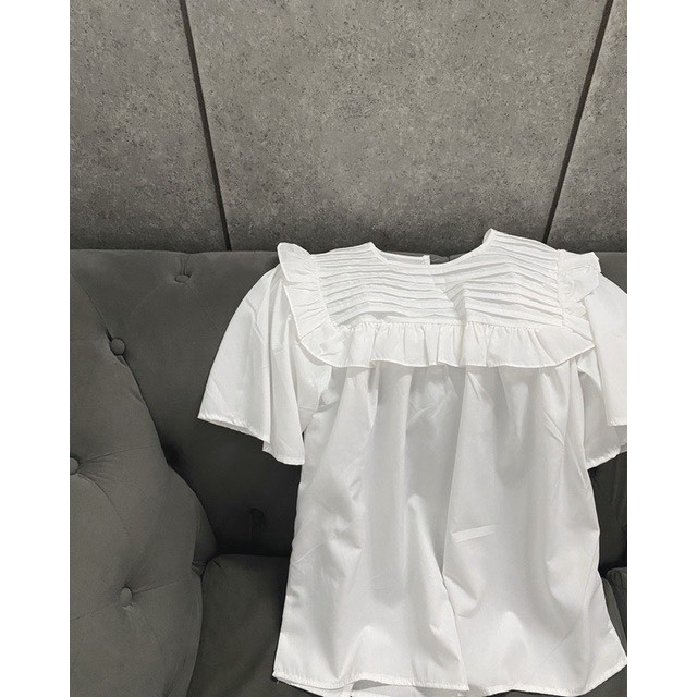 Áo bầu xinh, áo sơ mi bầu công sở bèo vai xếp li mềm thanh lịch tay cộc, form babydoll trẻ trung