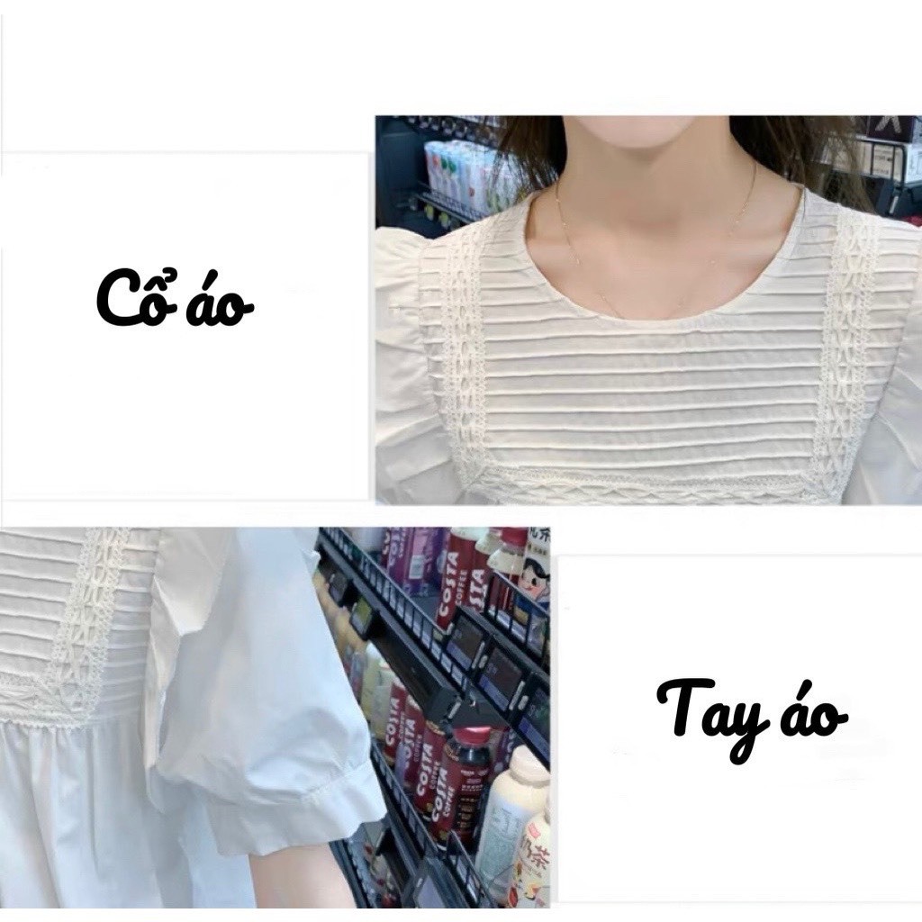 Áo bầu xinh, áo sơ mi bầu công sở bèo vai xếp li mềm thanh lịch tay cộc, form babydoll trẻ trung