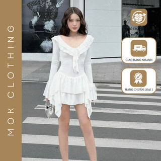 Đầm váy nữ dáng ngắn cổ V phối bèo tay dài loe chân bèo tầng chất co giãn siêu xinh xắn dễ thương