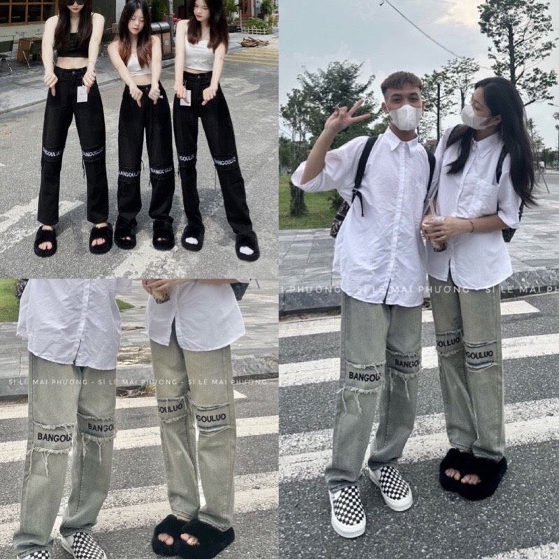 Quần jeans suông ống rộng thêu chữ hot#5022