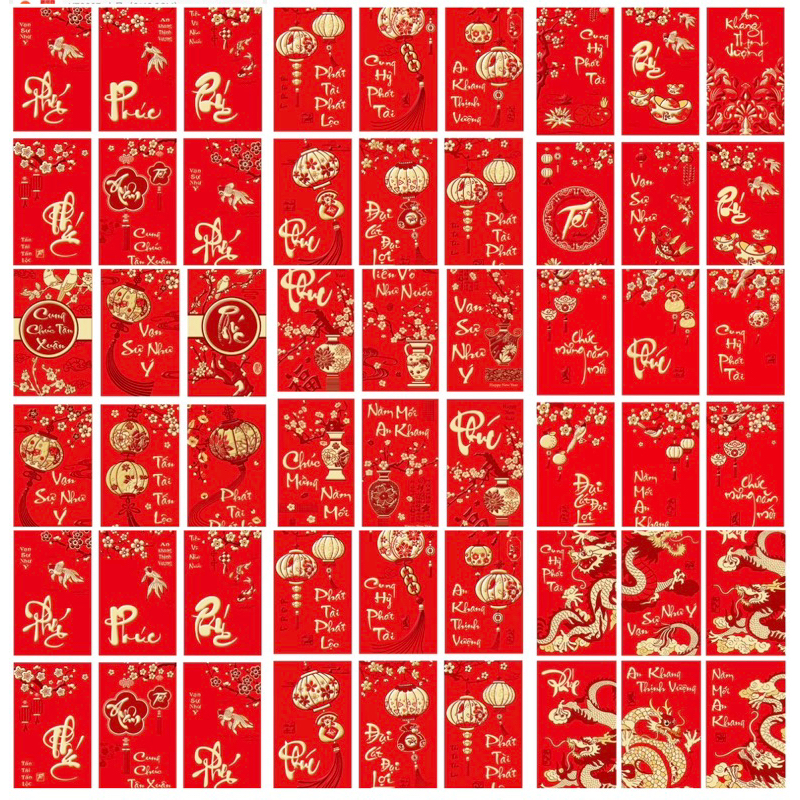 Lì Xì Tết Xuân Giáp Thìn 2024, Lì Xì 6 Chiếc Màu Đỏ Truyền Thống Thiết Kế 3D Chữ Nổi Nhũ Vàng Vô Cùng Đẹp Mắt