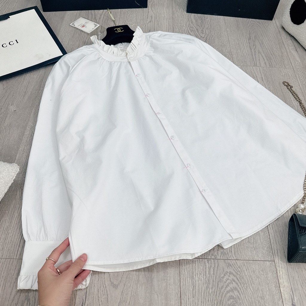 Áo Babydoll Trắng Cổ Bèo Dài Tay Cúc Dọc Áo Sơ Mi Bèo Cổ Form Rộng Thụng Freesize