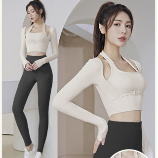 Bộ tập gym yoga nữ áo croptop dài tay kiểu đệm mút nâng ngực may liền | quần legging cạp cao nâng mông tôn dáng SET21
