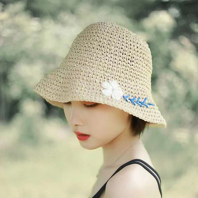 Nón cói (mũ cói) móc tay vintage đính hoa mai dịu dàng (SH94)