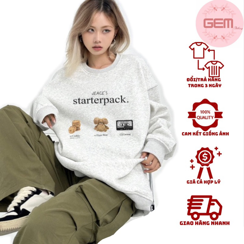 Áo sweater nỉ lót bông STARTERPACK form rộng nam nữ unisex tay bồng (có bo chun loại 1) Áo hoodie ulzzang basic Hàn Quốc