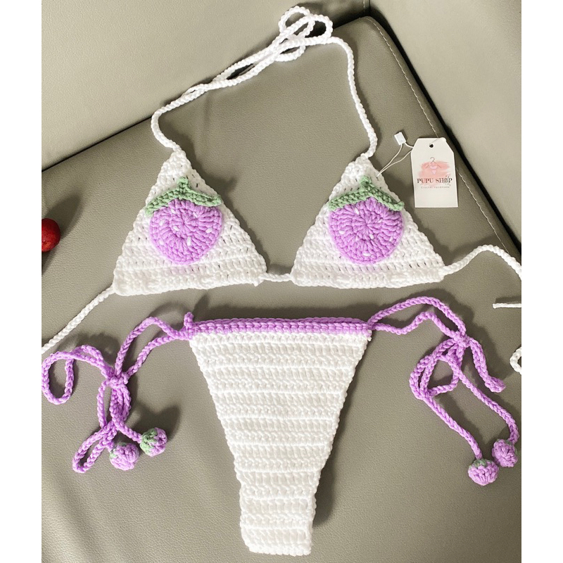 HÀNG CÓ SẴN-Set Bikini dâu- áo len móc handmade mùa hè
