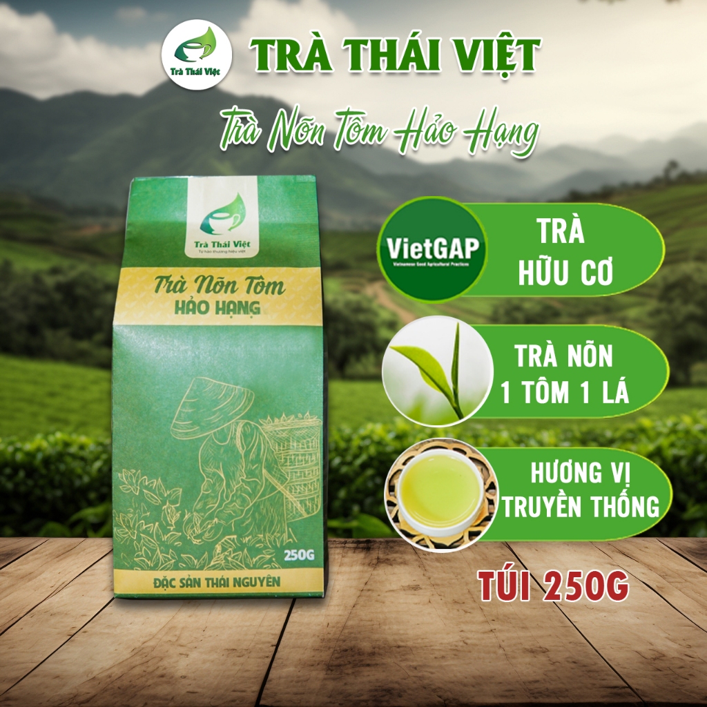 Trà Bắc Thái Nguyên, Chè Thái Nguyên VietGAP, Trà Nõn Tôm Sao Tay Lọai Hảo Hạng, Trà Sạch Thương Hiệu Thái Việt Gói 250G