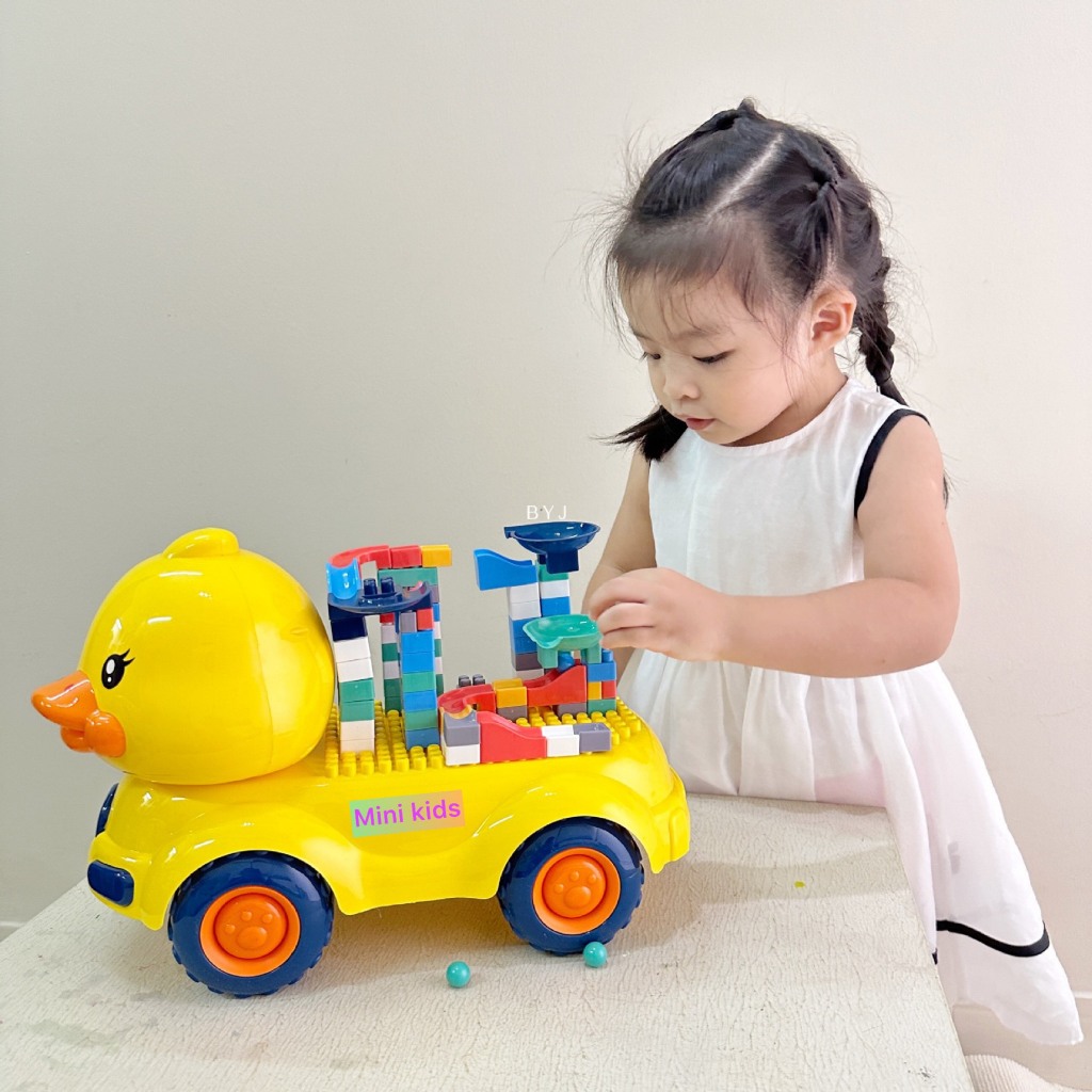 Xe ô Tô tải 3 tầng đường đua dài có thể gấp gọn, Xe Vịt Vàng, Khủng Long, Xe máy xúc, xe Lu Chở Lego 124 Chi Tiết