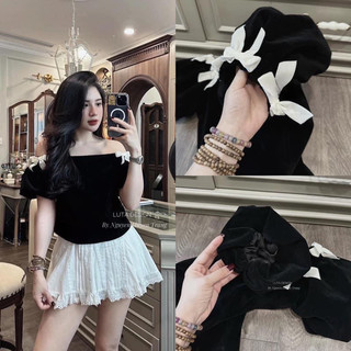Áo nhung nơ trắng crotop mặc được 2 kiểu