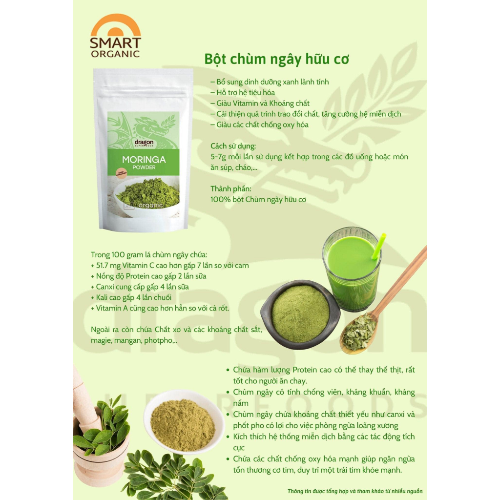 Bột chùm ngây hữu cơ organic moringa power Dragon Superfoods 200g