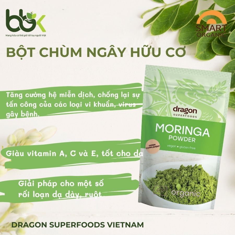 Bột chùm ngây hữu cơ organic moringa power Dragon Superfoods 200g