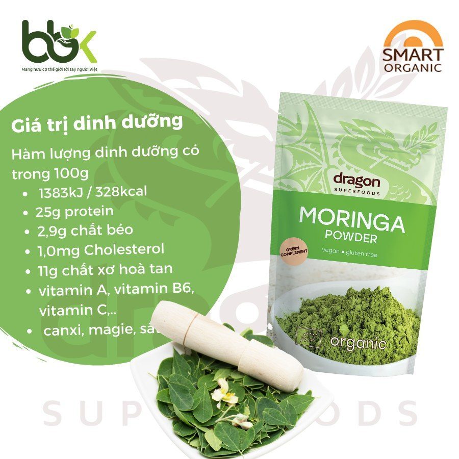 Bột chùm ngây hữu cơ organic moringa power Dragon Superfoods 200g