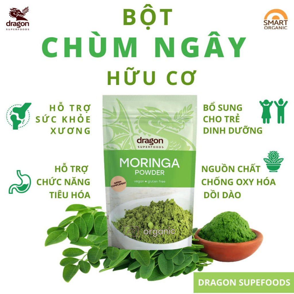 Bột chùm ngây hữu cơ organic moringa power Dragon Superfoods 200g
