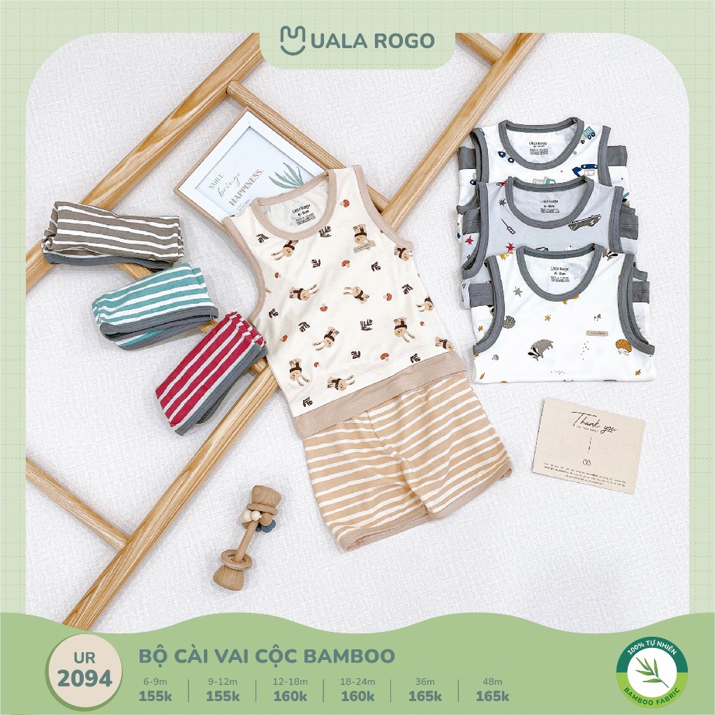 Bộ ba lỗ Uala Rogo chất Bamboo cao cấp mềm mịn thoáng mát thấm hút tốt mẫu mới cho bé trai bé gái 2093 2094 3697