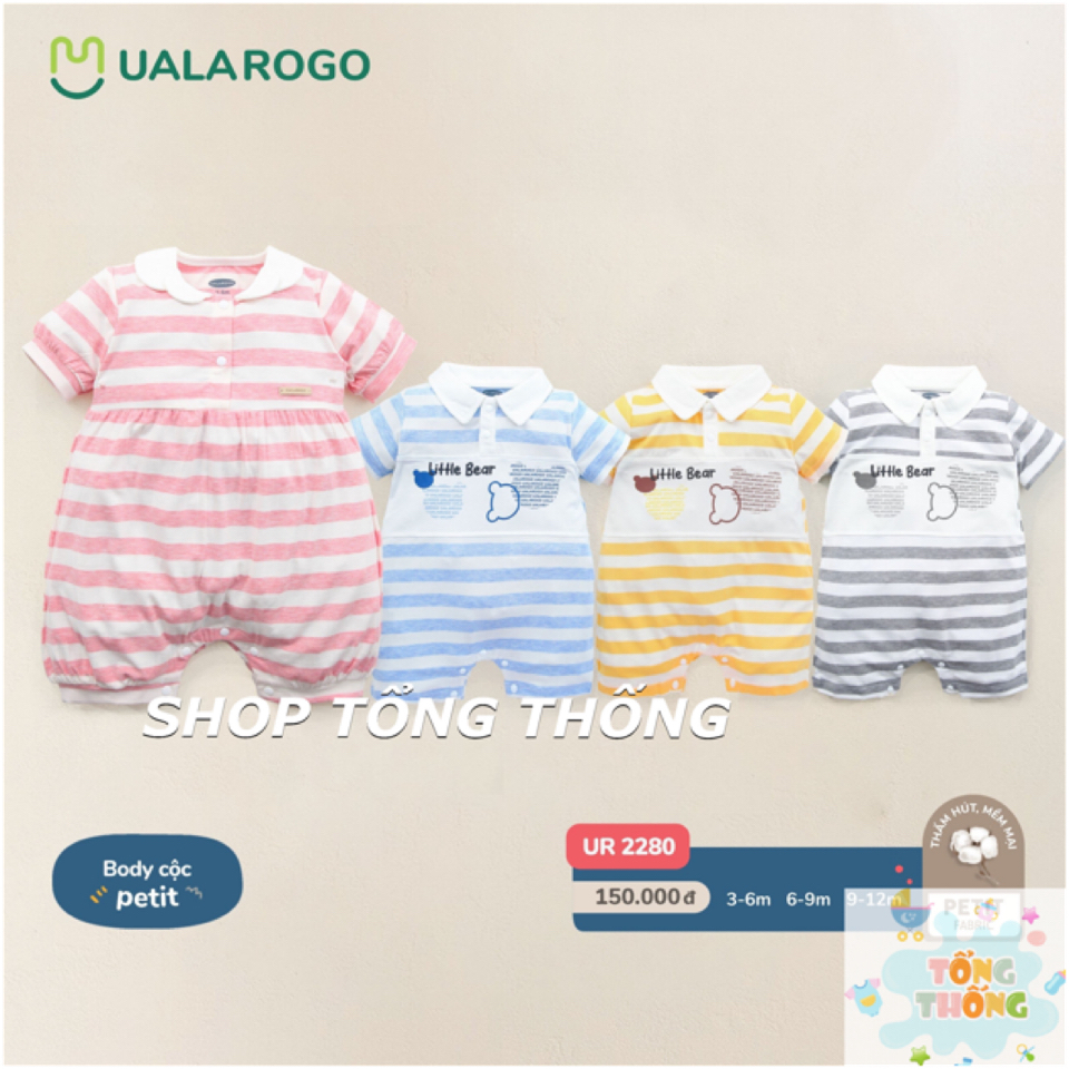Bodysuit cộc tay Uala Rogo cúc giữa chất Bamboo cotton mềm mịn thoáng mát thấm hút tốt cho bé trai bé gái 2280 3638