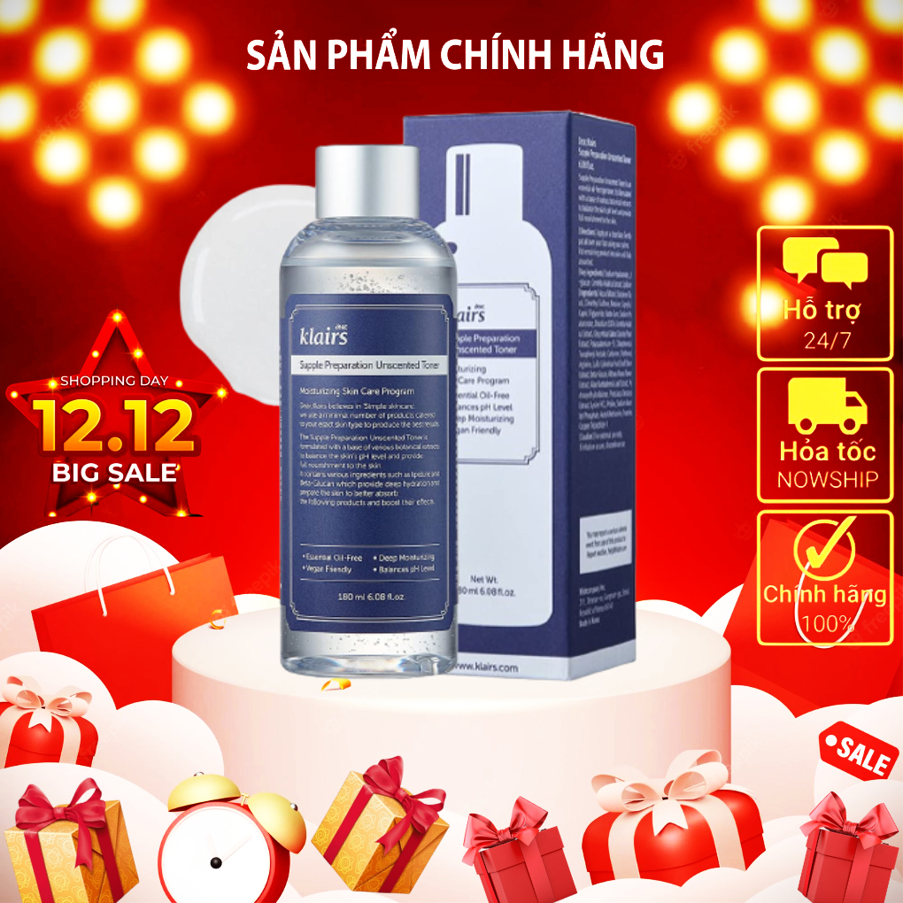 Nước Hoa Hồng Không Mùi Dưỡng Ẩm Và Làm Mềm Da Dear Klairs Supple Preparation Unscented Toner 180ml