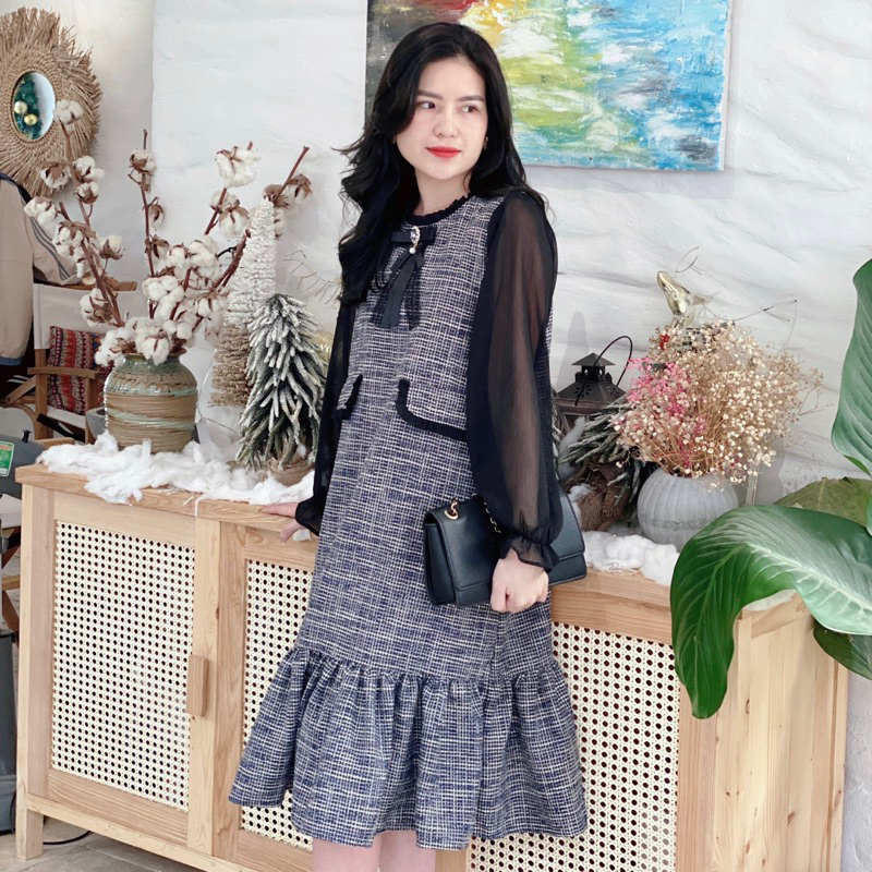 Váy dạ suông tweed thiết kế đuôi cá đầm suông LAMVI VD01