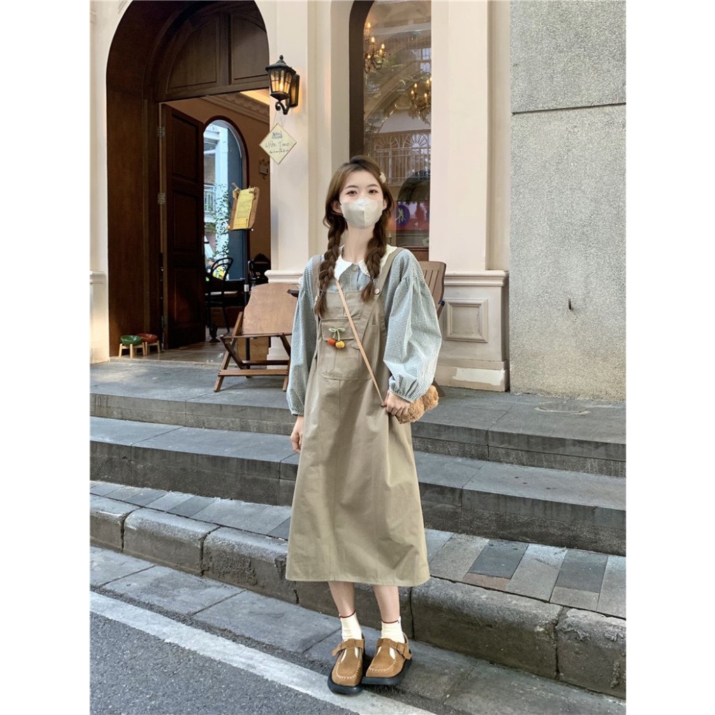 SET ÁO SƠ MI BBD CARO CỔ REN BÈO SEN TRẮNG TAY PHỒNG + ĐẦM YẾM NÂU RÚT DÂY 2 BÊN  ONEC